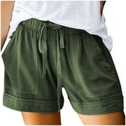 Quealent Womens Comfy Drawstring Splice Casual Elastic Waist Pocketed Loose Shorts Pants (Army Green,M)